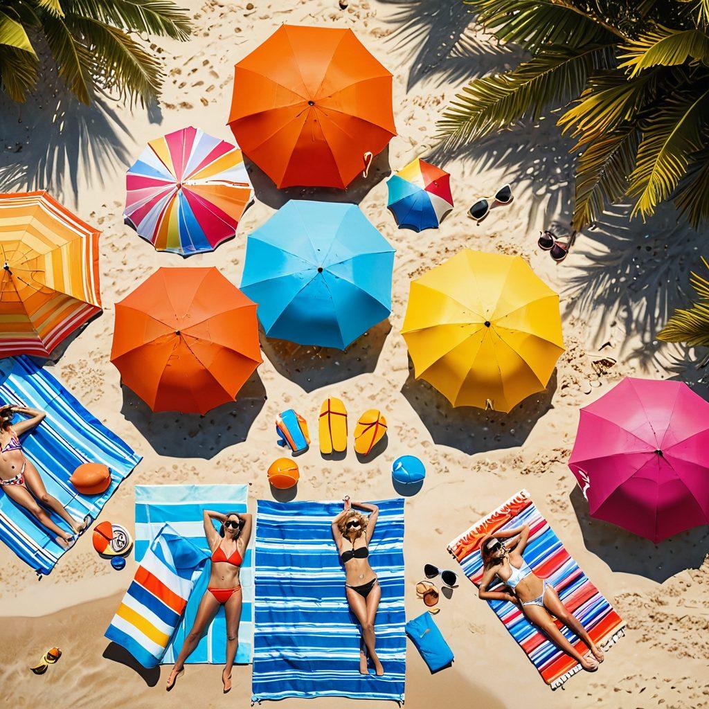 A vibrant beach scene showcasing stylish swimwear on diverse models enjoying the sun and surf. Bright umbrellas and colorful beach towels create a lively atmosphere, with hints of tropical flora in the background. Include playful beach accessories like sunglasses and beach balls to enhance the summer vibe. Emphasize sunlight reflecting off the water for a warm, inviting glow. super-realistic. vibrant colors. summer theme.